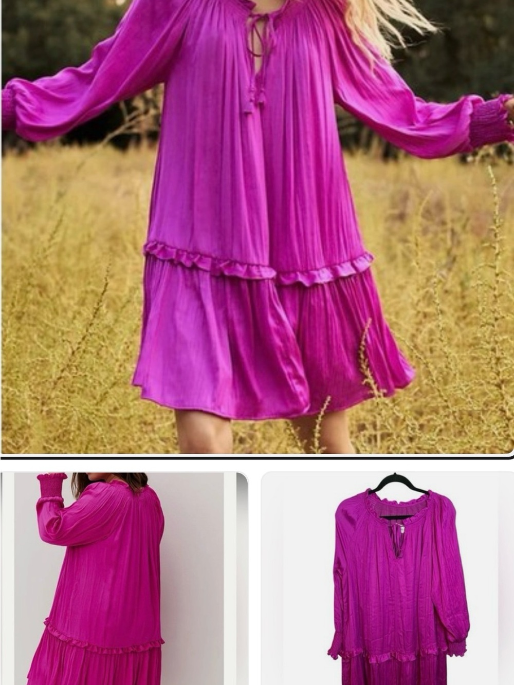 Anthropologie Fuchsia Smocked Sleeve Dress